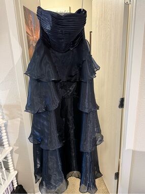 Strapless Black Tiered Organza Evening Dress